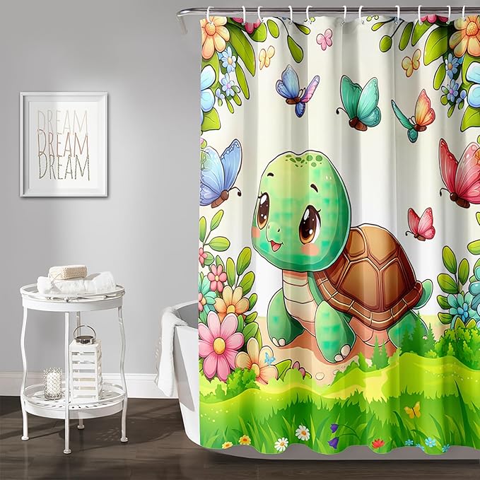 AILONEN Cute Cartoon Sea Turtle Shower Curtain,Kawaii Sea Turtle with Butterfly Bath Curtain for Kids,Boys,Girls,Colorful Flowers Waterproof Fabric Shower Curtain Set with Hooks,72" W*72" H