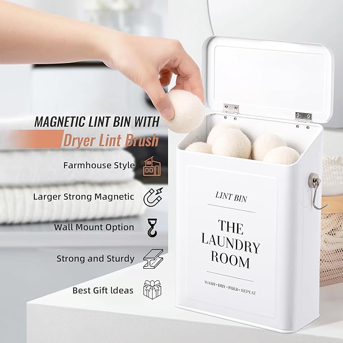 Magnetic Lint Bin for Laundry Room with Lint Brush and Magnetic Hook, Wall Mounted Lint Box with Lid, Farmhouse Laundry Room Decor
