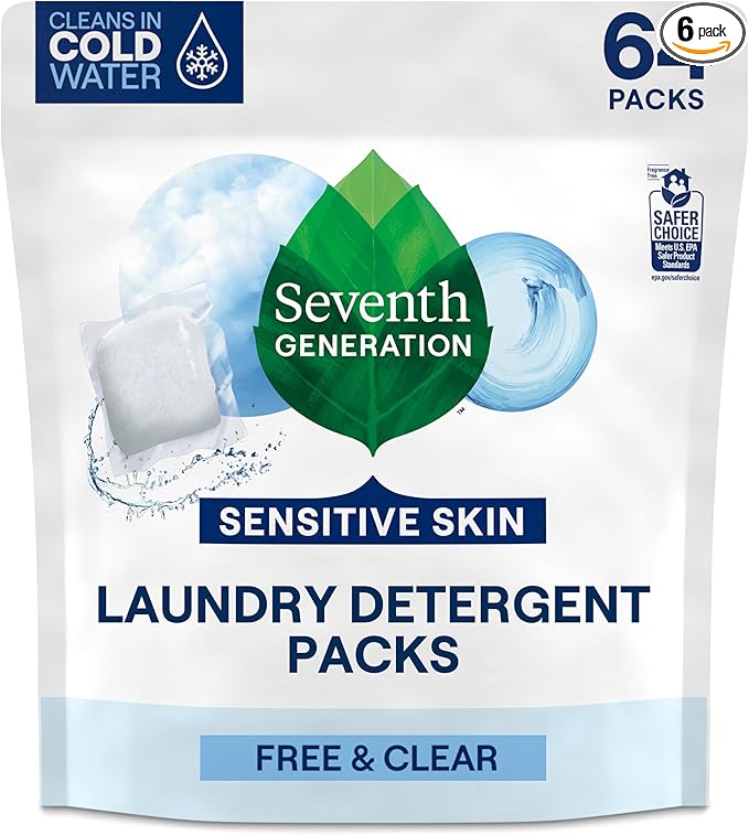 Seventh Generation Laundry Detergent Packs, Free & Clear, Made for Sensitive Skin, EPA Safer Choice Certified, 64 Count (Pack of 6)