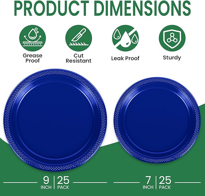 LANLISA 50 Pcs Royal Blue Plastic Plates For Party, 25-9" & 25-7" Disposable Cake Dessert Plates For Birthday, Graduation, Veterans Day Dinner