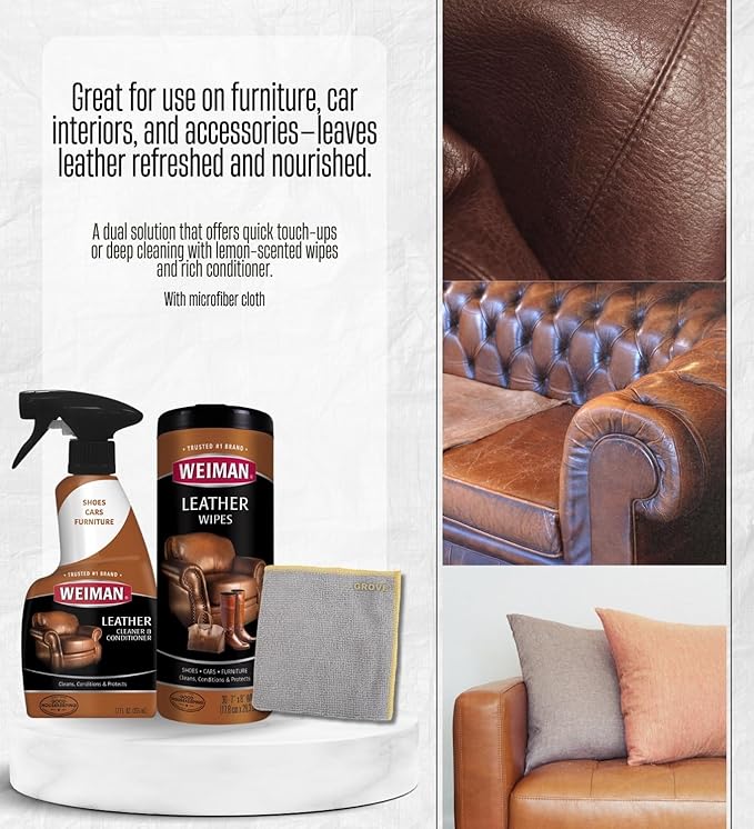 Weiman Leather Cleaner and Conditioner Couch 12 oz Liquid Bundle with Leather Wipes + Microfiber Towel – Cleans, Moisturizes, and Protects Surfaces from UV Damage – Gift Set (3 Items)