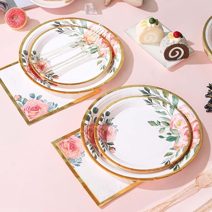 168PCS Floral Plates and Napkins Party Supplies,Vintage Floral Paper Plates Set With Gold Rim Serve 24 Guests,Floral Disposable Plates Tea Party supplies for Adults Bridal Shower Decorations