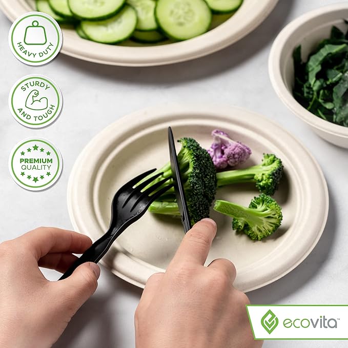 Ecovita 100% Compostable Paper Plates [7 in.] – 150 Disposable Plates Eco Friendly Sturdy Tree Free Liquid and Heat Resistant Alternative to Plastic or Paper Plates