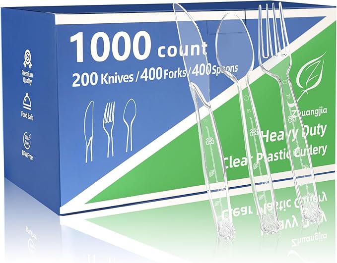 1000 Count Plastic Silverware Heavy Duty 200 Knives 400 Forks 400 Spoons | Shatterproof BPA-Free Disposable Cutlery Heat Resistant Disposable Plastic Utensils for Catering & Events, Party Supplies