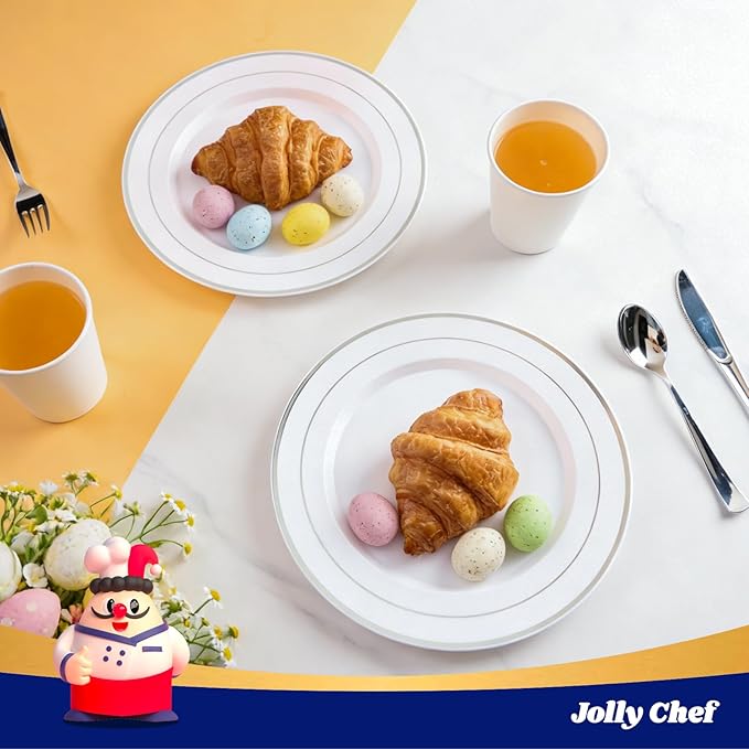 JOLLY CHEF 100 Pieces Silver Plastic Plates, 10 Inch Disposable Plates White Plate with Silver Rim, Heavy Duty Plastic Plates for Christmas, Birthdays and Weddings