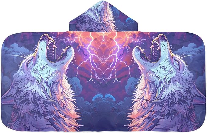Hooded Towel for Kids Howling Wolf with Lightning in The Sky Beach Wrap Bath Towels 50x23.5in