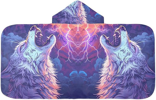 Hooded Towel for Kids Howling Wolf with Lightning in The Sky Beach Wrap Bath Towels 50x23.5in