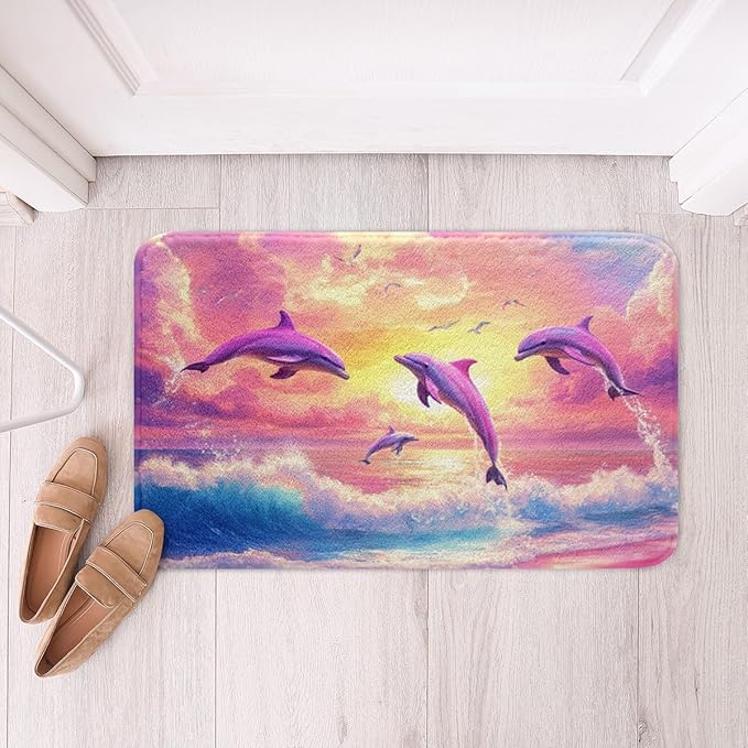 Cute Dolphin Kids Bath Mats,Ocean Sea Waves Lake House Summer Mats Rugs for Girls,Beach Sunset Rainbow Hawaii Bath Carpets,Pink Romantic Bath Rugs,Absorbent Floor Mats,20Wx32L Inches
