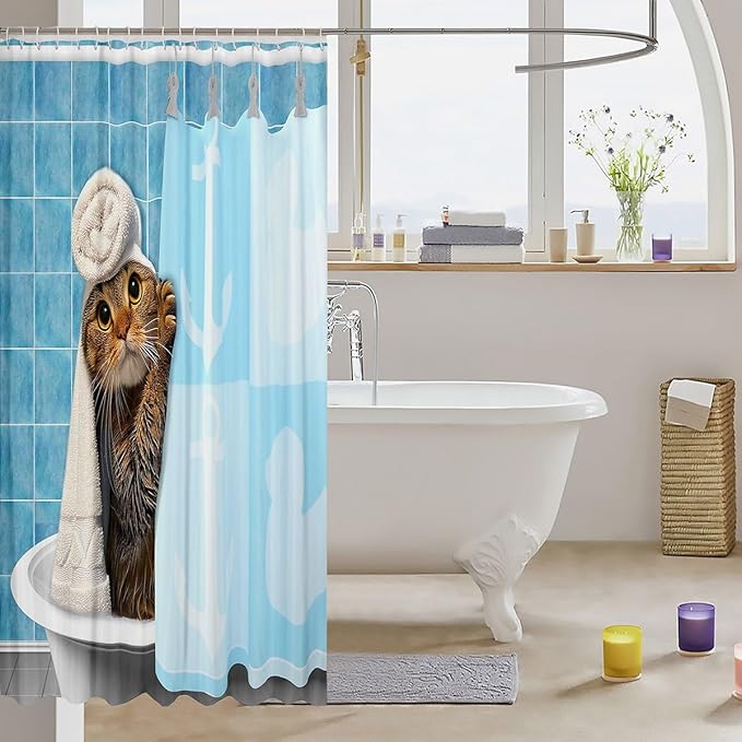 Cat Shower Curtain Cute Animal Bath Curtain Funny Kitten Takes Bath Pattern Ship Anchor Nautical Shower Curtain Hanging Curtain Novelty Pet Bathroom Accessories for Boys Girls Teens,72"Wx84"L
