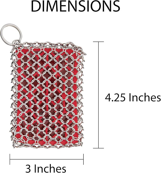 HIC Kitchen Chainmail Cast Iron Scrubber, 18/8 Stainless Steel and Silicone
