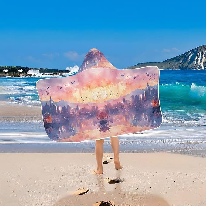 Hooded Towel for Kids Sketch of Bird in City Sky Beach Wrap Bath Towels 50x23.5in