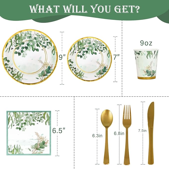 168 Pcs Sage Green Baby Shower Decorations, Sage Green Plates, Bridal Shower Plates and Napkins sets, Eucalyptus Baby Shower Birthday Baptism Wedding Shower Decorations, Serves 24