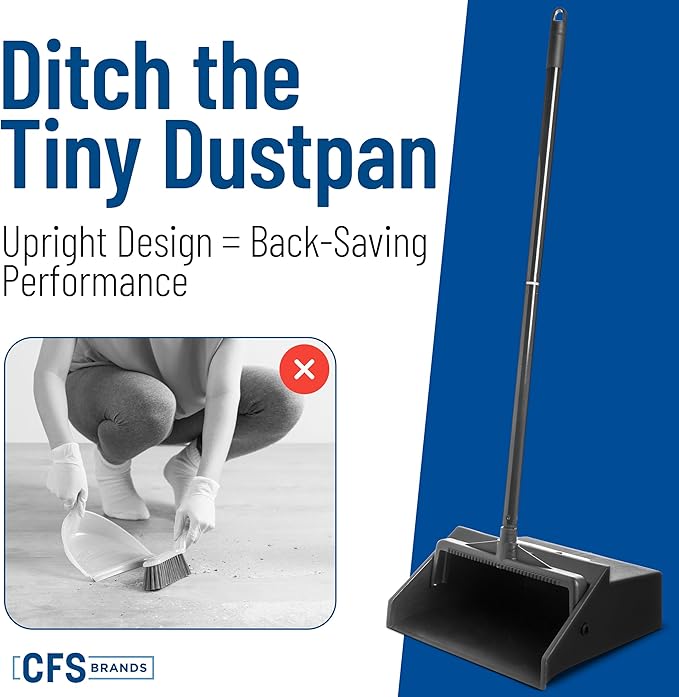 Carlisle FoodService Products Standing Dustpan – Dust Pan with Long Handle, Serrated Edge, Pivoting Pan Design, for Home, Kitchen, Lobby, or Office, 30 Inch Plastic, Black