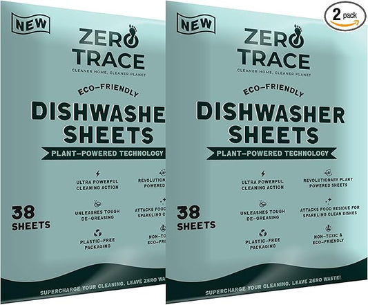Zero Trace Dishwasher Detergent Eco-Friendly Sheets for Dish Washing - Plant Powered Technology - Plastic Free Biodegradable- 38 Count- Pack of 2 (76 Total Sheets)