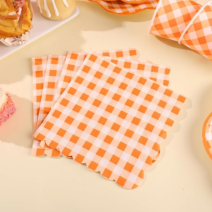 175 Pcs Orange and White Gingham Party Supplies - Orange Gingham Paper Plates and Napkins Sets Serve 25 - Disposable Scalloped Checkered Plates for Birthday Dinner Picnic BBQ Fall Party Decorations
