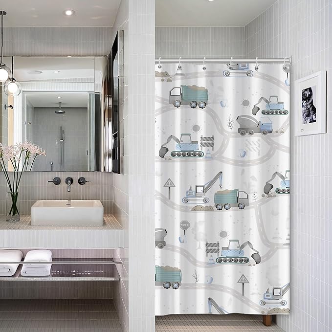 Excavator Kids Shower Curtain Sets Cartoon Construction Truck Tractor Car Bathroom Decor Fabric Polyester Waterproof 36x72 Inches with 6 Hooks for Boys Machinery Vehicle Bath Curtains