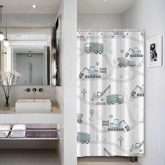 Excavator Kids Shower Curtain Sets Cartoon Construction Truck Tractor Car Bathroom Decor Fabric Polyester Waterproof 36x72 Inches with 6 Hooks for Boys Machinery Vehicle Bath Curtains