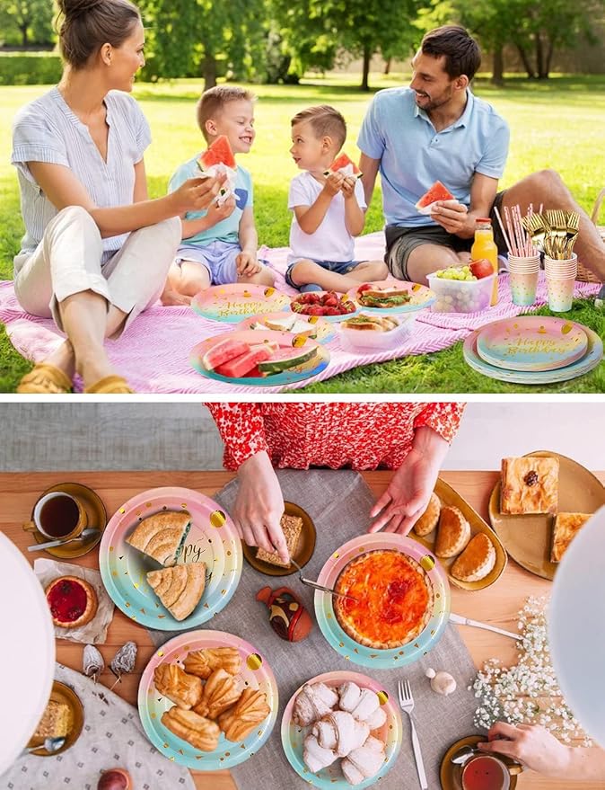 Nkaiso Birthday Party Tableware, 161 Pieces Rainbow gold Party Supplies, Party Dinnerware Sets Include Paper Plates Napkins Cups Silverware, for Shower Engagement Parties Decoration -20 Serves