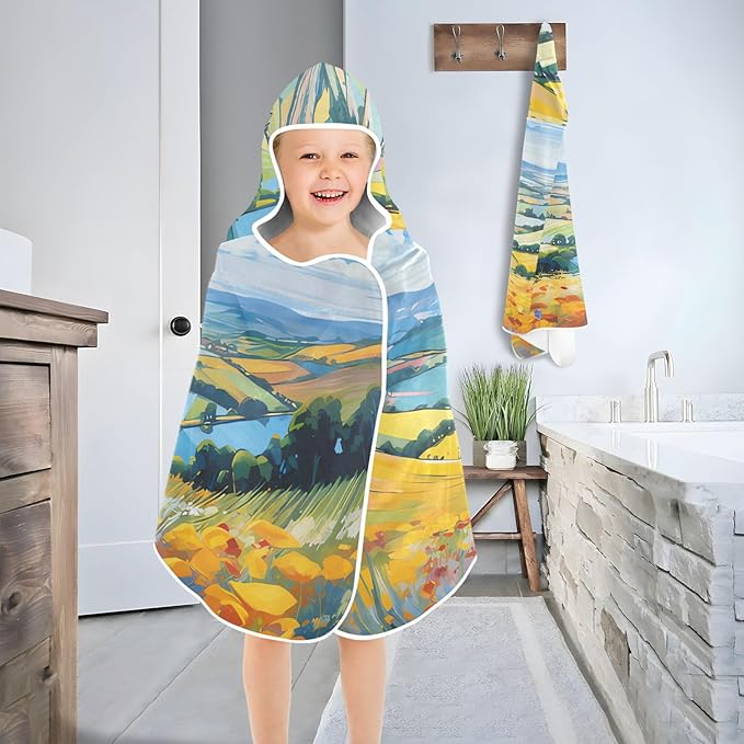Hooded Towel for Kids Bright Colors Countryside View Beach Wrap Bath Towels 50x23.5in