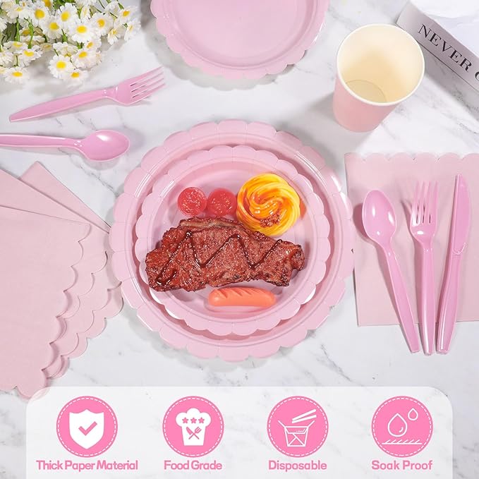 350 Pcs Pink Paper Plates and Napkins, Pink Party Decorations Include Paper Plates Napkins Cups Plastic Cutlery for Girls Birthday, Baby Bridal Shower, Wedding