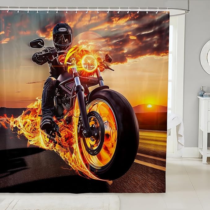 Erosebridal Boys Autocycle Shower Curtain, Flame Motorcycle Bathroom Shower Curtain Dirt Bike Motocross Bath Curtain Extreme Sport Gamer Bathroom Shower Curtains, Waterproof 72" W x 72" L