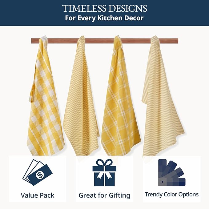 LANE LINEN Cotton Kitchen Towels Set, 4-Pack – Absorbent, Quick-Drying Dish Towels, 18" x 28" - Yellow