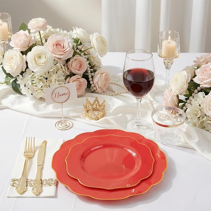 NOCCUR 175PCS Red Plastic Plates with Gold Disposable Silverware - Include 50 Red Gold Plastic Plates,25 Knives,25 Forks,25 Spoons,25 Cups and 25 Napkins - Ideal for Party/Independence Day/Wedding