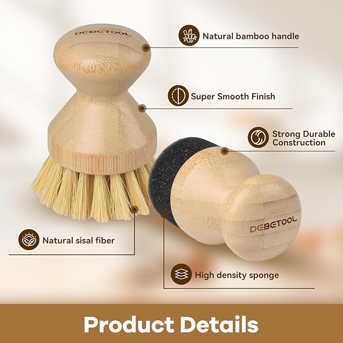 DEBETOOL Cutting Board Oil Wax Applicator and Scrub Brush Set- Natural Bamboo with Sisal Fiber and Sponge for Food Grade Mineral Oil Board，Wooden Worktops,Utensil Care