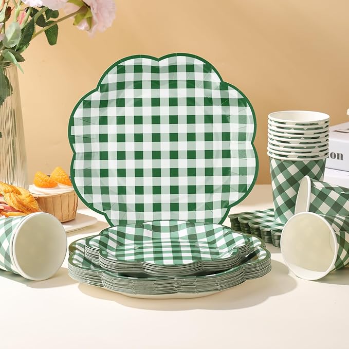 350 Pcs Green Gingham Plates and Napkins Party Supplies - Green and White Checkered Plates Sets Serve 50 Guests - Scalloped Gingham Paper Plate for Picnic BBQ Golf Party Decorations