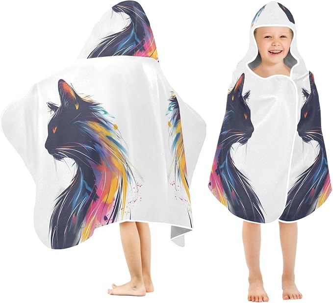 Hooded Towel for Kids Watercolor Colored Cat Beach Wrap Bath Towels 50x23.5in
