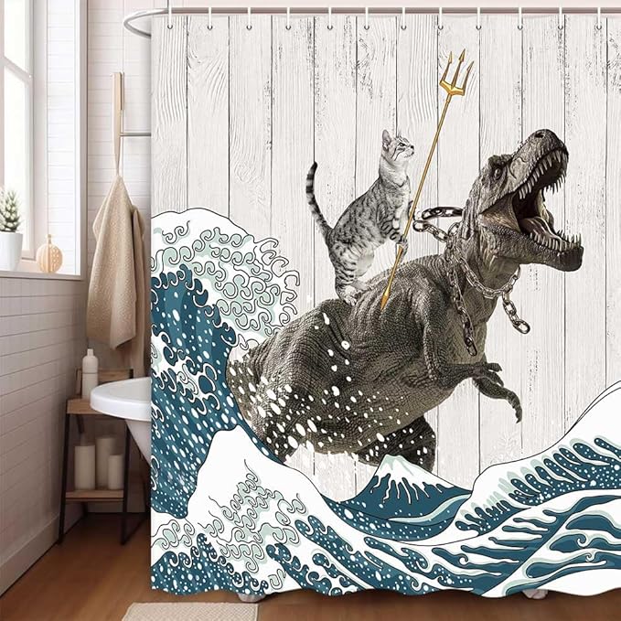 Boziqr Funny Cat Shower Curtain, Cool Cat Dinosaur Japanese Ocean Wave Decor Fabric Bathroom Curtains, Kids Children Rustic Wooden Farmhouse Shower Curtain, 70X70 Inches