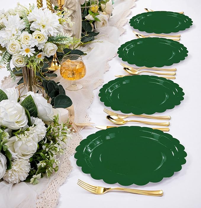 HEIPINIUYE 25 Pieces Green Paper Plates 7 Inch Green Scalloped Plates Disposable Dinner Plates for Wedding Baby Shower Birthday Christmas Party Dessert Plates