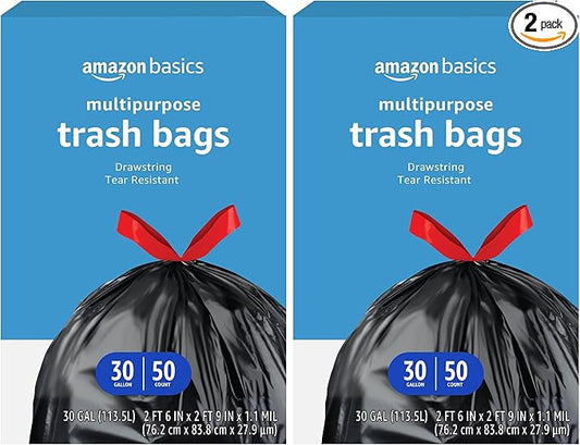 Amazon Basics Trash Bags, 30 Gallon, 50 Count | Drawstring | Multipurpose | Pack of 2