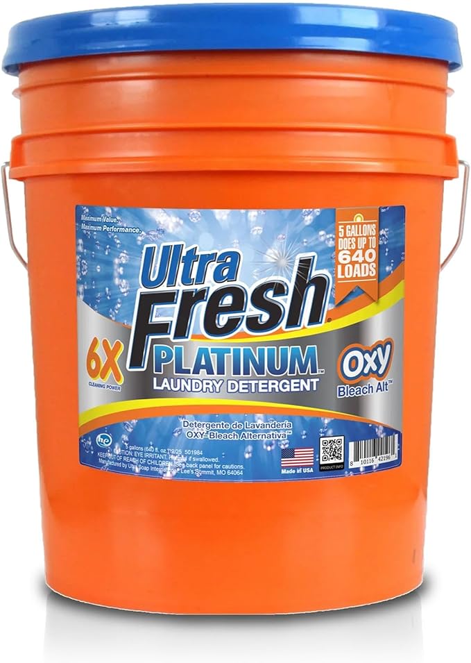 Ultra Fresh 4 Pack Liquid Laundry Detergent, 6X Platinum, 5 Gal, OXY Color Safe Bleach Alt™ - Household Cleaning Supplies and Accessories for Clothing and Fabric Items