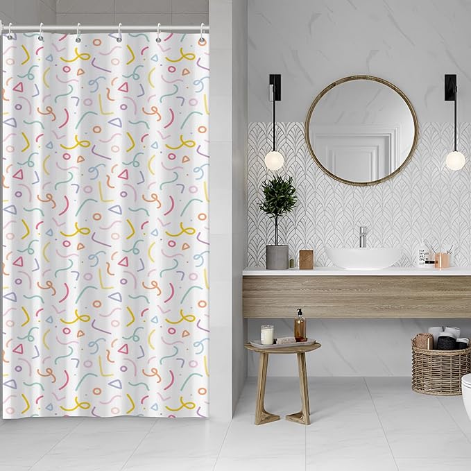 Cute Colorful Doodle Shower Curtains Playful Confetti Shower Curtain Decorative for Bathroom Pastel Waterproof Fabric Bathroom Decorations with Hooks 36x72 Inches
