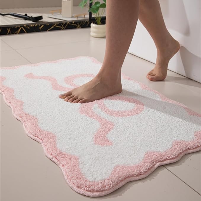 Pink Scalloped Bathroom Mat 32x20, Soft Absorbent Bath Mats, Machine Washable Microfiber Floor Mats for Bathroom Tubs, Sinks and Showers