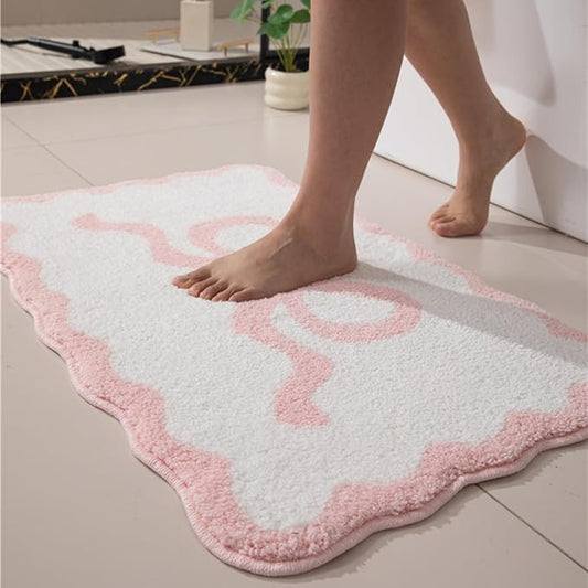 Pink Scalloped Bathroom Mat 32x20, Soft Absorbent Bath Mats, Machine Washable Microfiber Floor Mats for Bathroom Tubs, Sinks and Showers