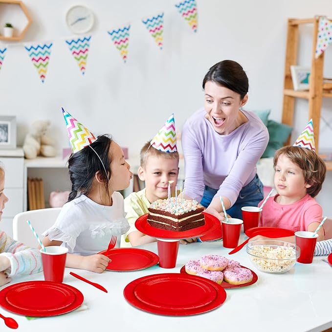 228PCS Red Party Supplies Set Include Paper Plates Cups Red Napkins Plastic Spoons Forks Knives for 30 Guests Disposable Party Dinnerware for Birthday Wedding Family Picnic