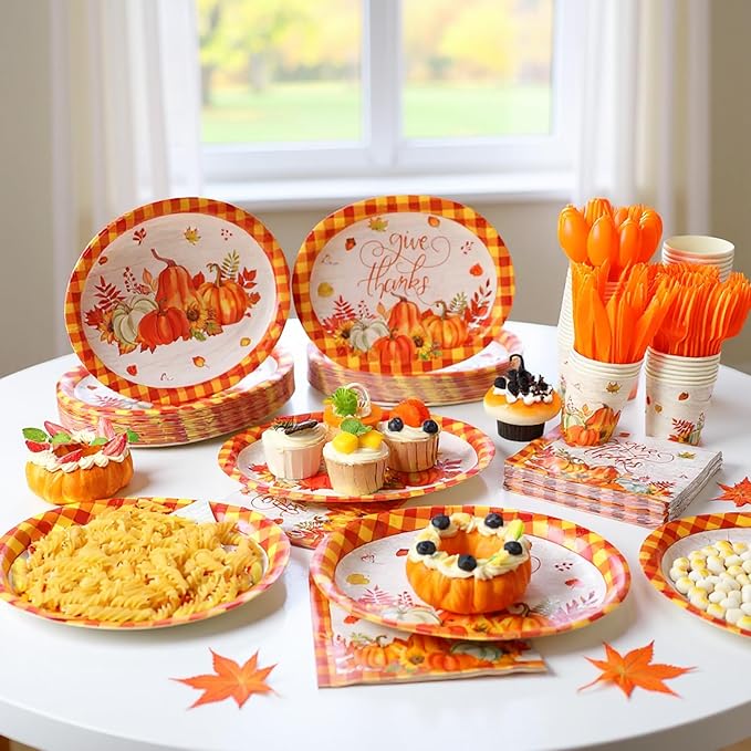 Havawish 350 Pcs Fall Thanksgiving Party Supplies Give Thanks Tableware Set Orange Buffalo Plaids Pumpkin Disposable Oval Plates Cups Napkins Fork Knife Spoon Dinnerware for Autumn Party Table Decor