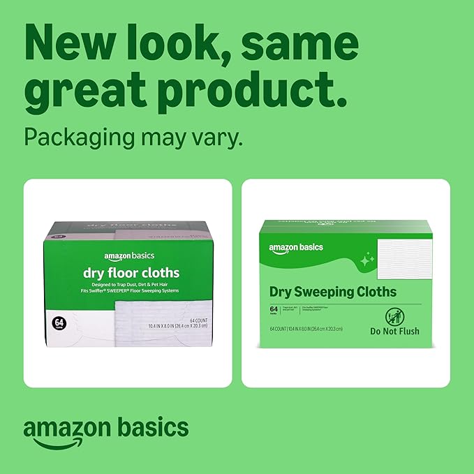 Amazon Basics Dry Sweeping Cloths for Floor Cleaning, Pet Hair, Dust, Dirt, Multi-Surface, Disposable, Fits Swiffer Sweeper Mop Heads, 64 Count (Pack of 2), Packaging May Vary