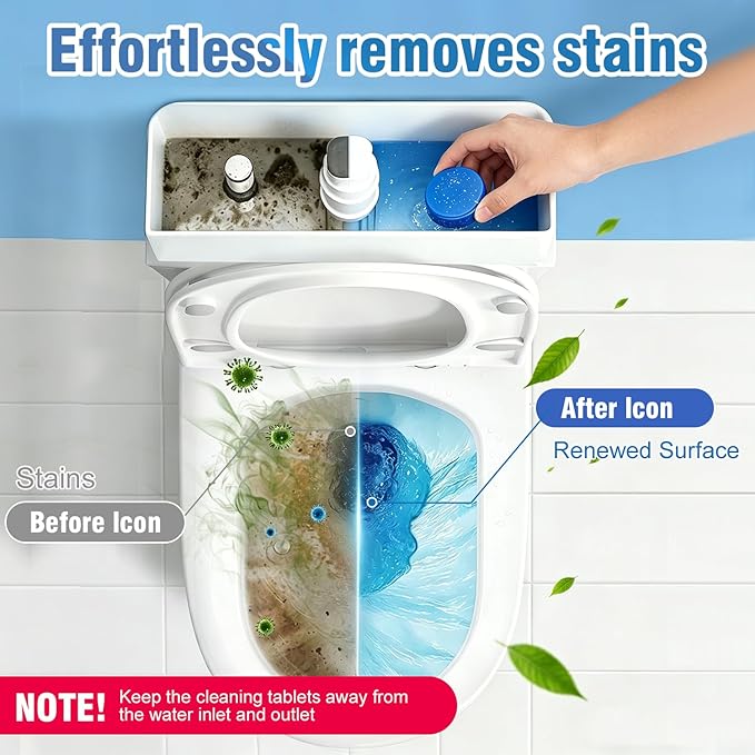Toilet Bowl Cleaner Tablets for Tank – Automatic Toilet Tank Cleaner Tablets, Blue Toilet Tablets for Hard Water & Toilet Ring Removal, Deodorizing Toilet Tablets, Septic Safe, 300 Flushes, 12 Pack