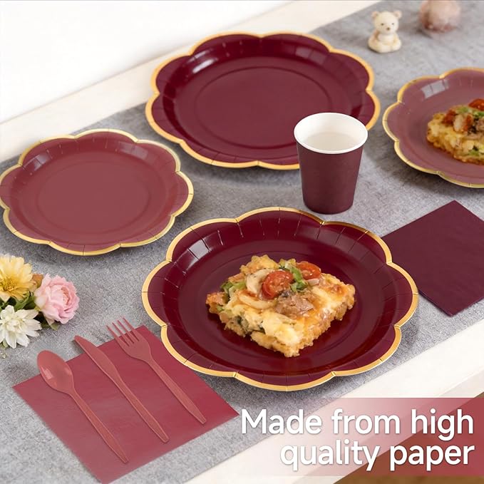 350Pcs Burgundy Paper Plates and Napkins Party Supplies,Maroon Scalloped Plates with Gold Rim,Burgundy Disposable Plates Set for Women Girls Birthday Weddings Bridal Shower Grad Party Decor,Serves 50