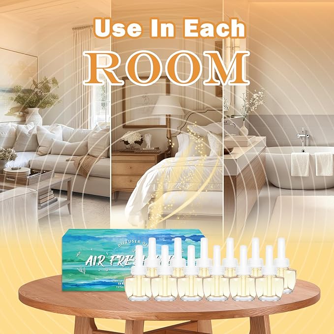 Plug In Air Freshener Refills Starter Kit – 12 Pack Wall Plug In Refills with 1 Adjustable Warmer, Jasmine, Hawaiian, Cotton Scents, Odor Eliminator for Home, Bathroom, Room, House
