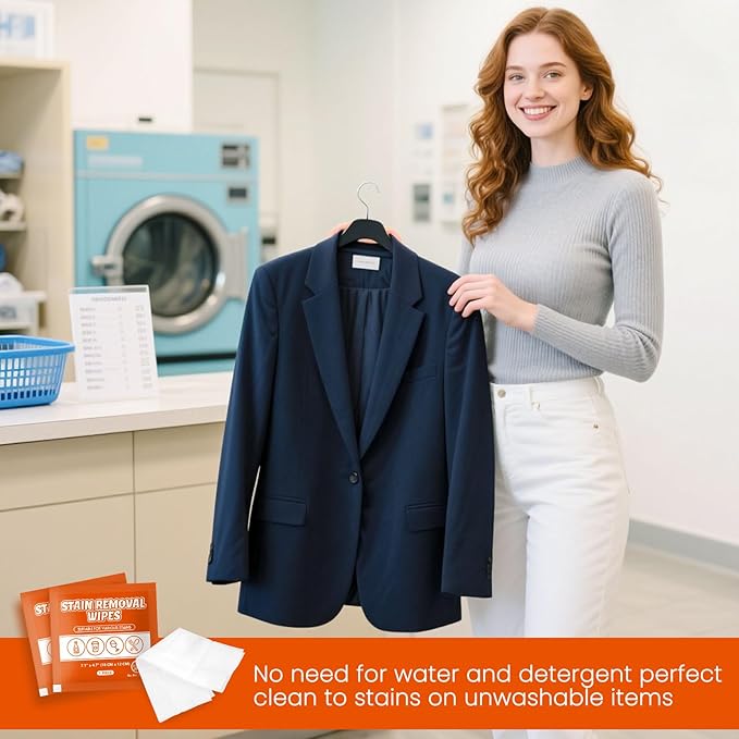 Stain Remover Wet Wipes Bulk, Individual Wrapped Clothes Portable Travel Messy Eater Cleaning Laundry Stain Removal Wipes Pocket Size for Clothing Fabric/Shoes/Wine/Fast Food 7.1 x 4.7 Inch(Orange200)