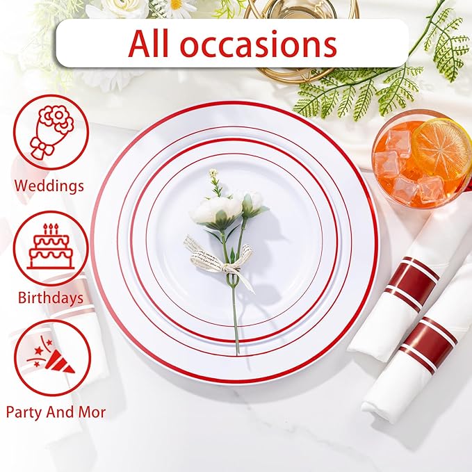WELLIFE 350-Piece Red Plastic Party Dishware Set - 50 Dinner Plates, 50 Dessert Plates, 50 Cups, 50 Plastic Cutlery