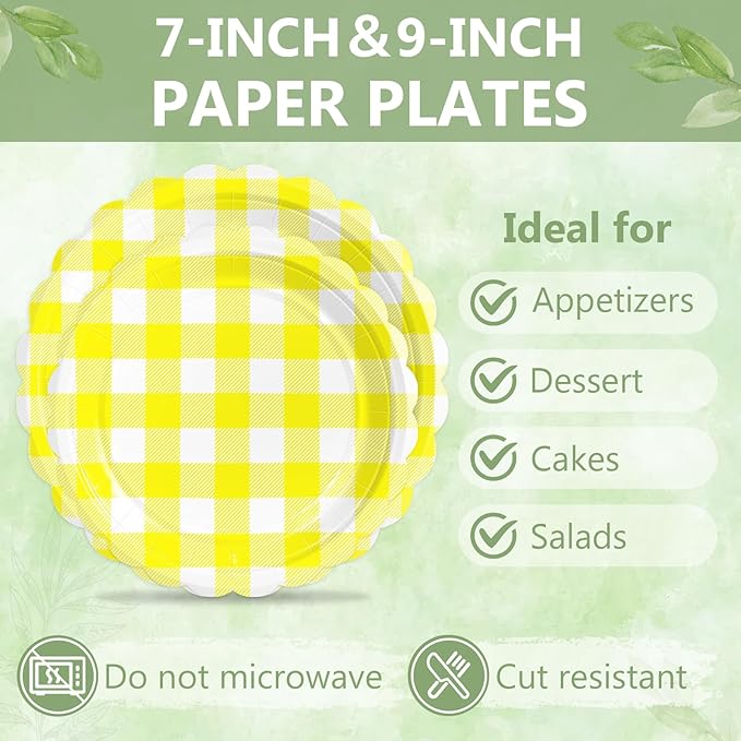 Mulbozy 100 Yellow Gingham Plates and Napkins Disposable Set Includes 25-9" & 25-7" Dessert Cake Scalloped Plates, Cocktail Napkins, Forks for for Holiday Party Supplies