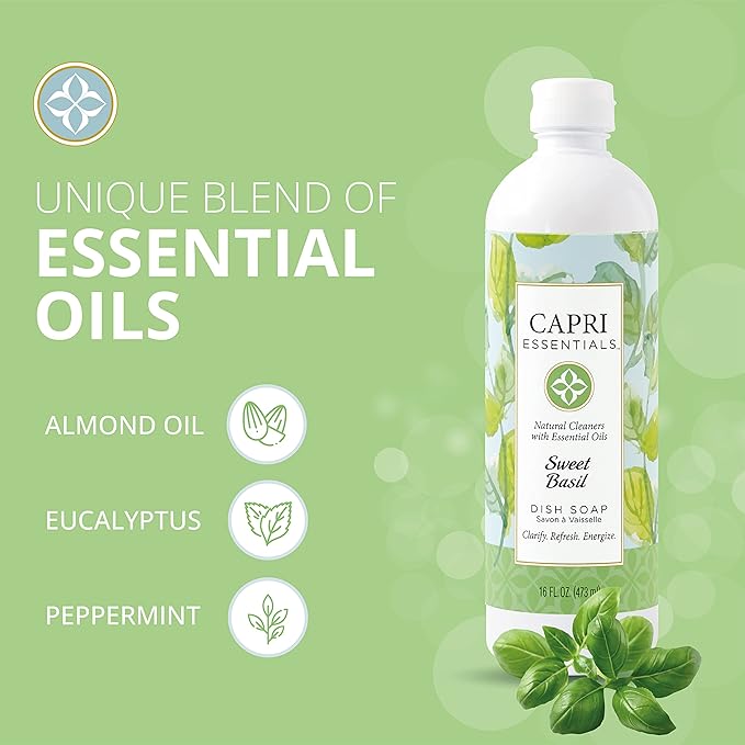 CAPRI ESSENTIALS Dish Soap Liquid, Natural Household Cleaning Supplies, Plant Based Aromatic Dish Detergent, Blend of Essential Oils with Almond Oil, Eucalyptus & Peppermint, Sweet Basil, 16 FL Oz