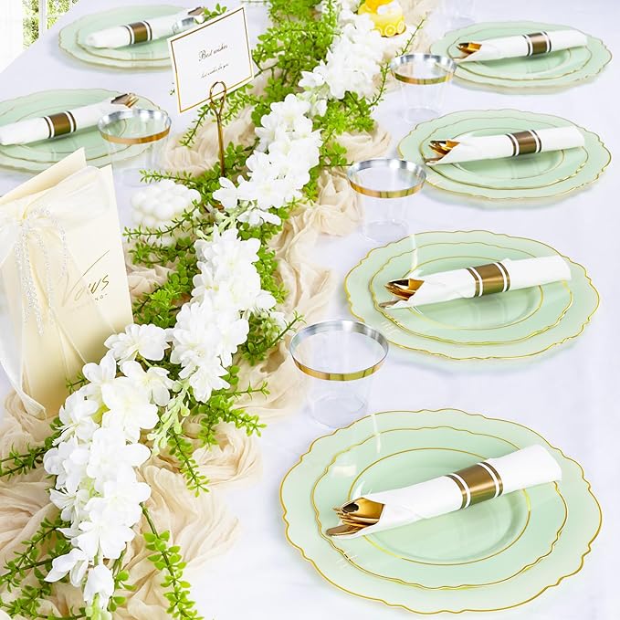 Liacere 350PCS Light Green Plates - Disposable Green and Gold Plastic Plates 50guest Baroque Dinnerware include 100Plates,50Pack Pre Rolled Napkins with Silverware 50Cups for Wedding ＆ Party & Spring