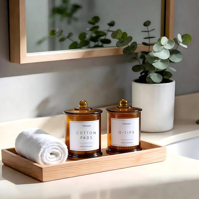 Ronasip Qtip Holder & Cotton Pad Dispenser, Bathroom Organizer and Storage Canisters, 16oz Glass Apothecary Jars for Kitchen, Restroom - Home Decor Accessories, Room Decor Aesthetic (2 Pack, Amber)