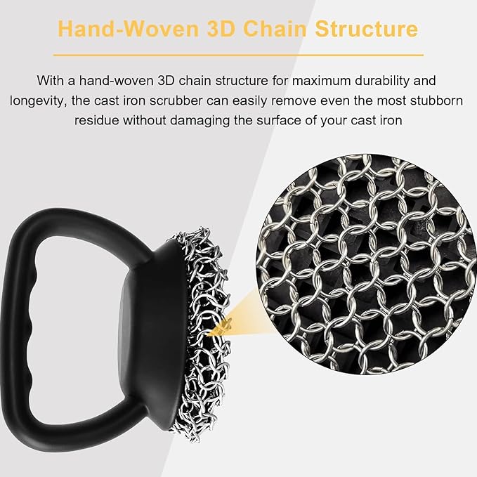 Cast Iron Scrubber 316L Chainmail Cleaner for Pans, Frying Pans & Grills, Ergonomic Handle &Large Panel for Cleaning Cast Iron